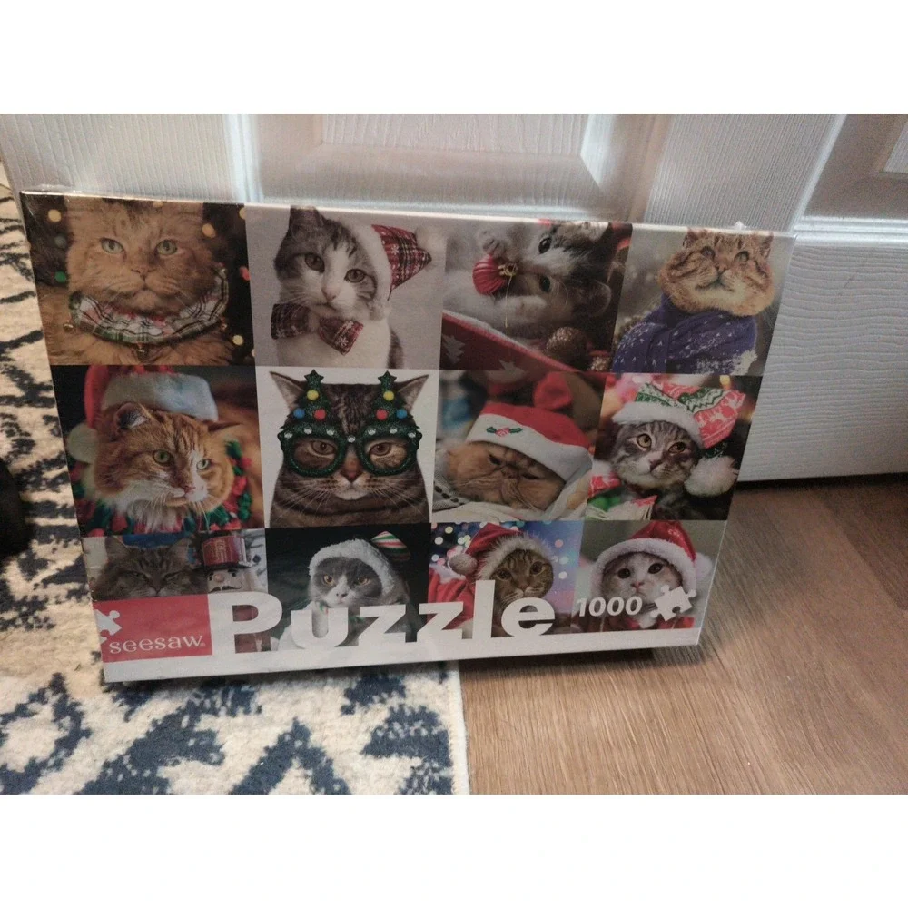 1000 pc Holiday Christmas Cats Jigsaw Puzzle Seesaw 18.9